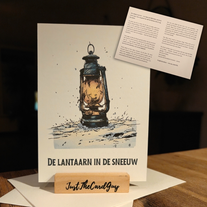 Kerstkaart over samenzijn – De Lantaarn in de Sneeuw | Licht dat de weg naar huis wijst